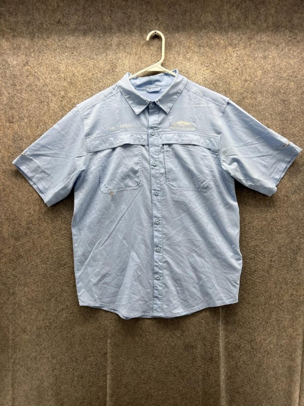 BAW Shirt Men Medium Blue Solid Short Sleeve Button Up Fishing Outdoor Pockets